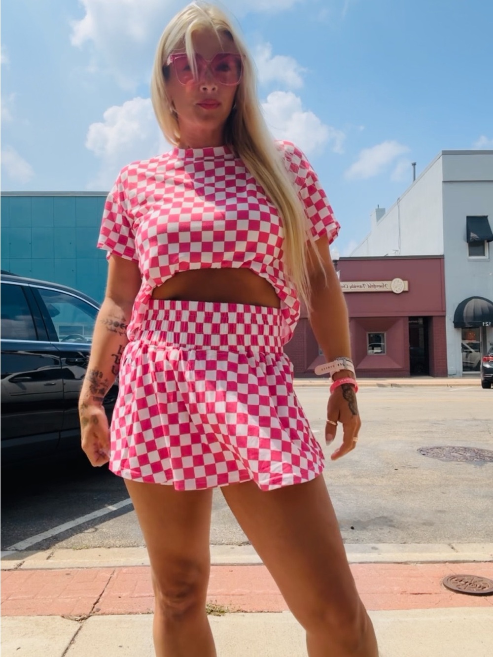 Pink Checkerboard Mini Skirt — Women's Trendy High-Waist Style
